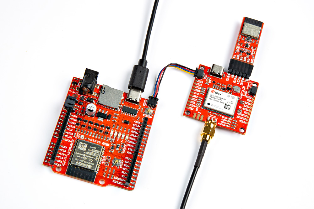 RedBoard IoT Development Board ESP32 Connected to the ZED-F9P with the BlueSMiRF v2 Connected to the ZED-F9P's RTCM Correction Port
