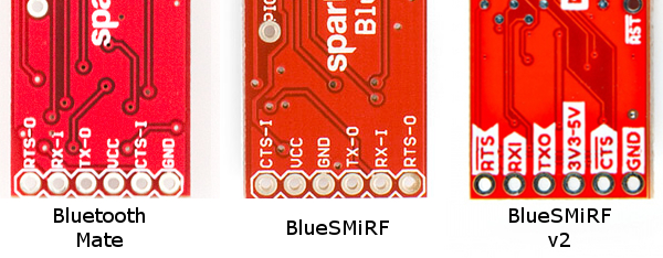 Back of Bluetooth Mate, BlueSMiRF, and BlueSMiRF v2