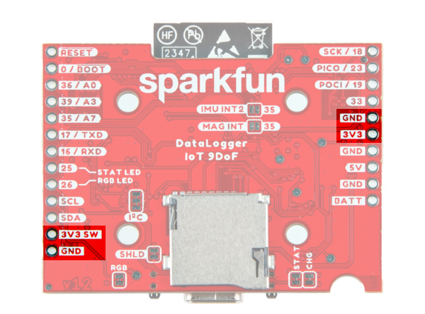 3.3V Voltage Regulators, PTHs, and Qwiic Connectors Highlighted on the DataLogger IoT - 9DoF (Bottom View)