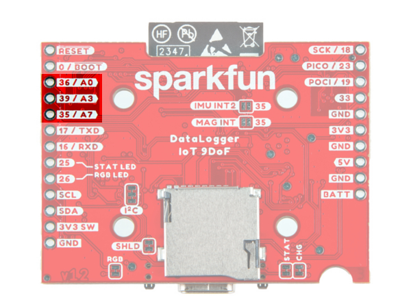 Analog Pins Highlighted on the DataLogger IoT (Bottom View)