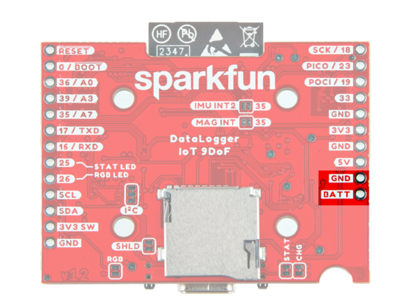 LiPo Charger and Fuel Gauge Circuit Highlighted on the DataLogger IoT - 9DoF (Bottom View)