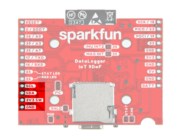 Qwiic Connector and I2C PTH Highlighted on the DataLogger IoT - 9DoF (Bottom View)