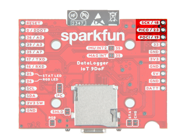 Reset and Boot Buttons (and Associated PTHs) Highlighted on the Datalogger IoT - 9dof (Bottom View)