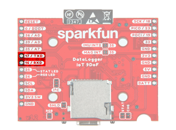 Uart pins highlighted on the datalogger iot - 9dof (bottom view)