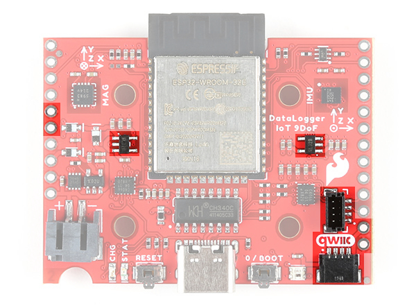 3.3V Voltage Regulators, PTHs, and Qwiic Connectors Highlighted on the DataLogger IoT - 9DoF (Top View)