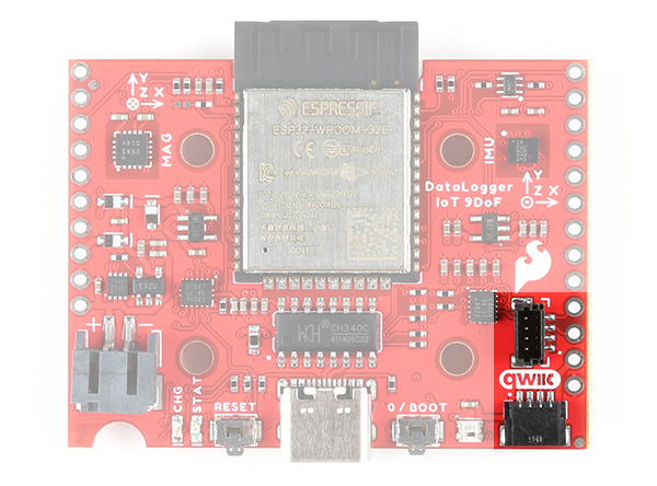 Qwiic Connector And I2C PTH Highlighted On The Datalogger Iot - 9Dof (Top View)