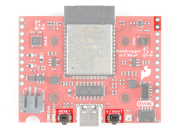 Reset and Boot Buttons (and Associated PTHs) Highlighted on the DataLogger IoT - 9DoF (Top View)