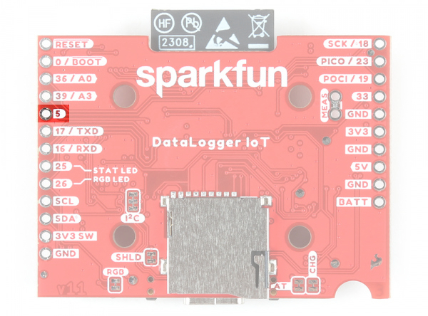 Pin 5 highlighted on the DataLogger IoT (Bottom View)
