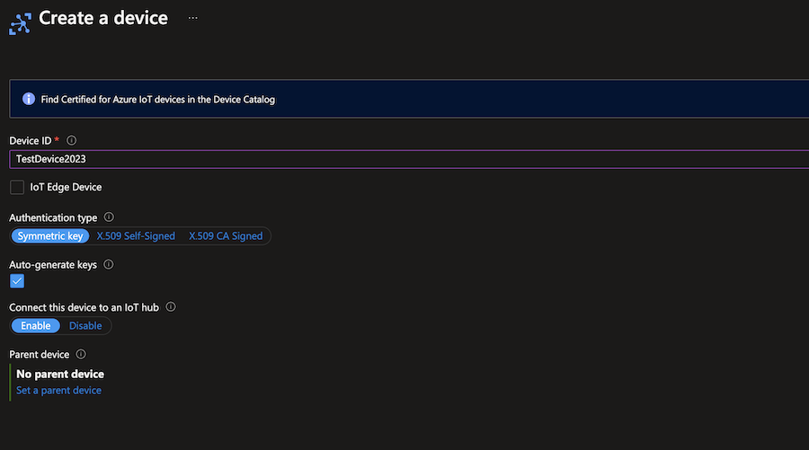 Azure IoT Device Create Form