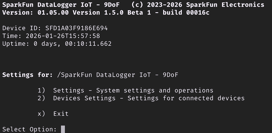 DataLogger IoT Main Menu