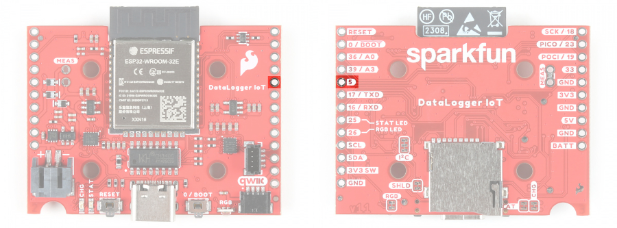 Pin 5 highlighted on the DataLogger IoT 