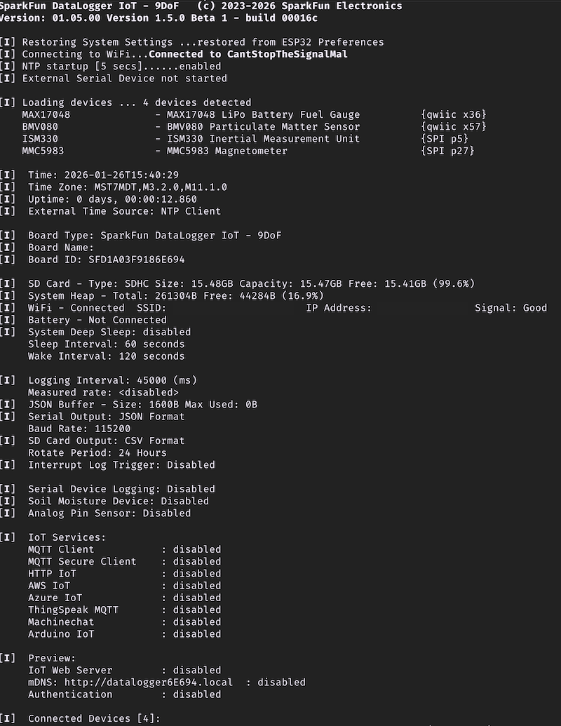 Output when DataLogger IoT - 9DoF is initializing