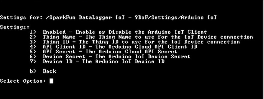 Arduino IoT Cloud Menu Options