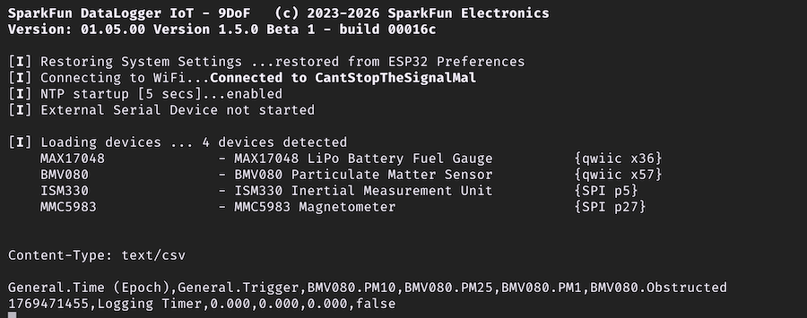 Output when DataLogger IoT - 9DoF is initializing, compact