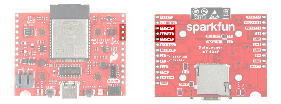 Analog Pins Highlighted on the DataLogger IoT 