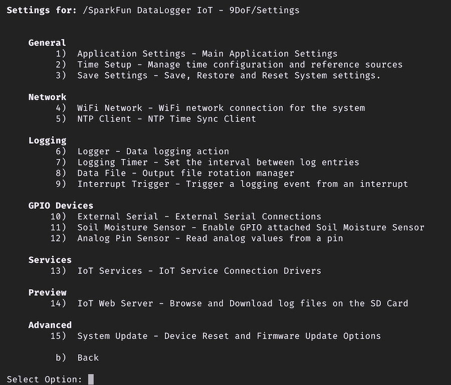 settings menu options