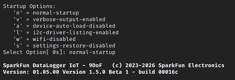 Output when DataLogger IoT - 9DoF Start-up menu