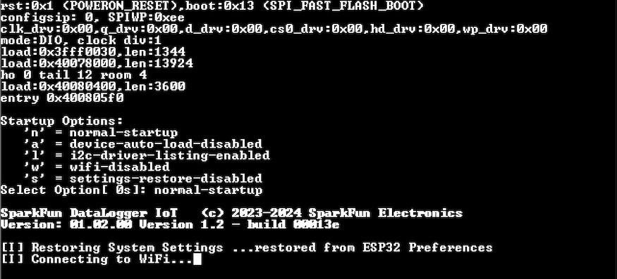 Output when DataLogger IoT - 9DoF Start-up menu