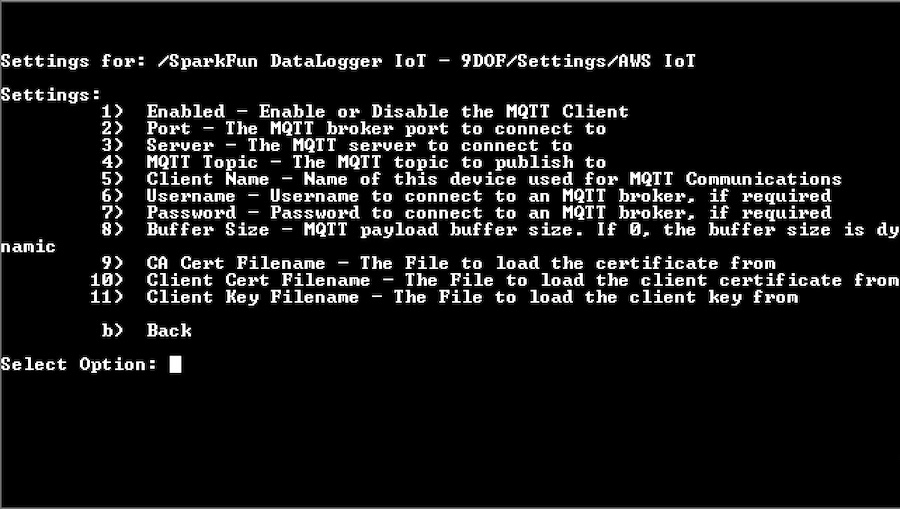 AWS IoT Menu Options