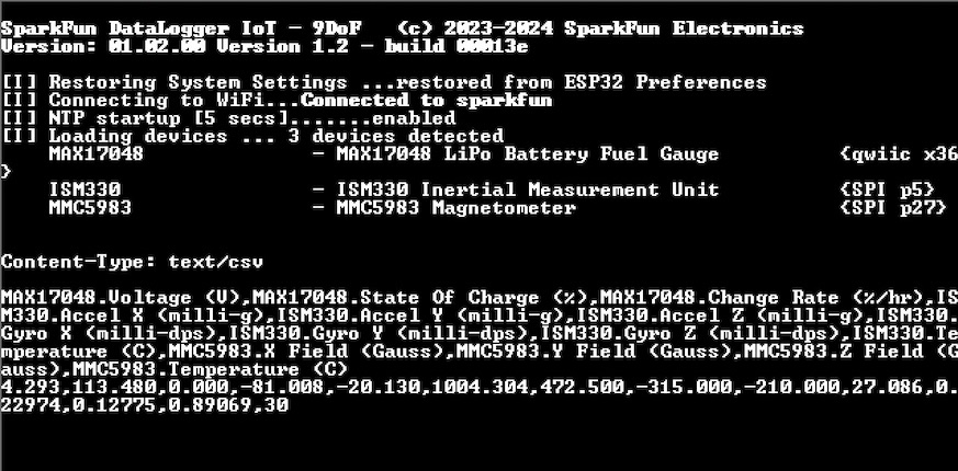 Output when DataLogger IoT - 9DoF is initializing, compact