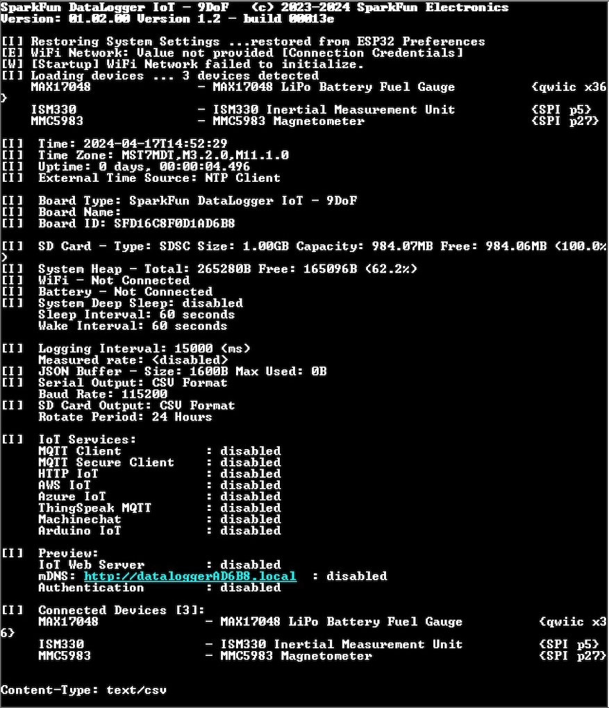 Output when DataLogger IoT - 9DoF is initializing
