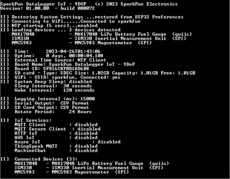 DataLogger IoT Re-initializing and Outputting WiFi Connected Message