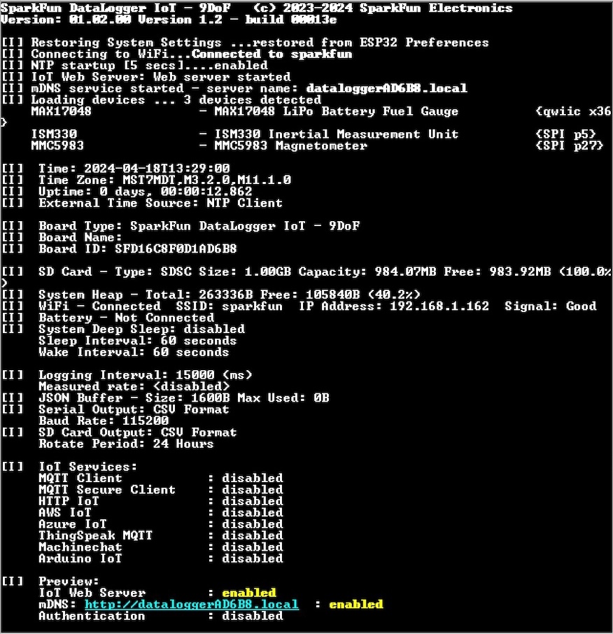DataLogger IoT Initializing, WiFi Connected, Web Server Enabled