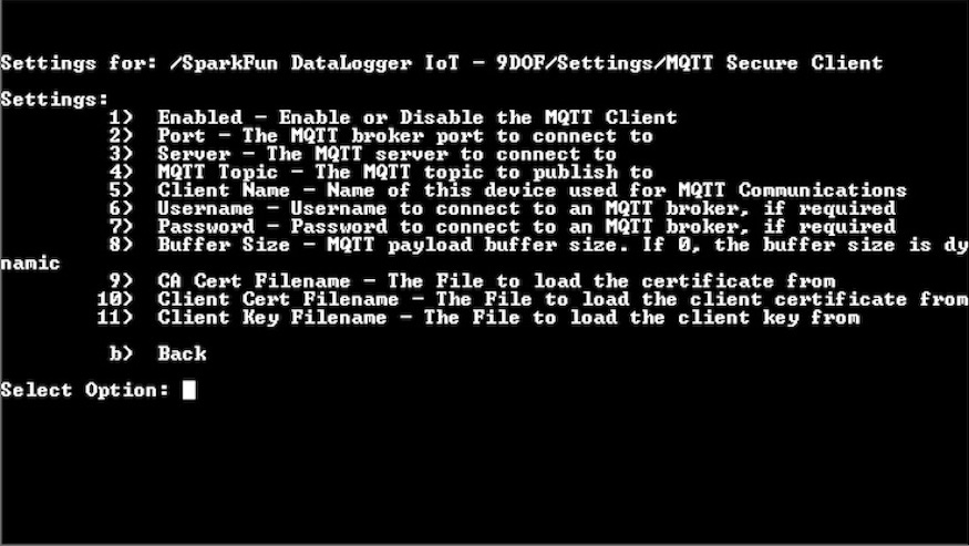 MQTT Secure Client Menu Options