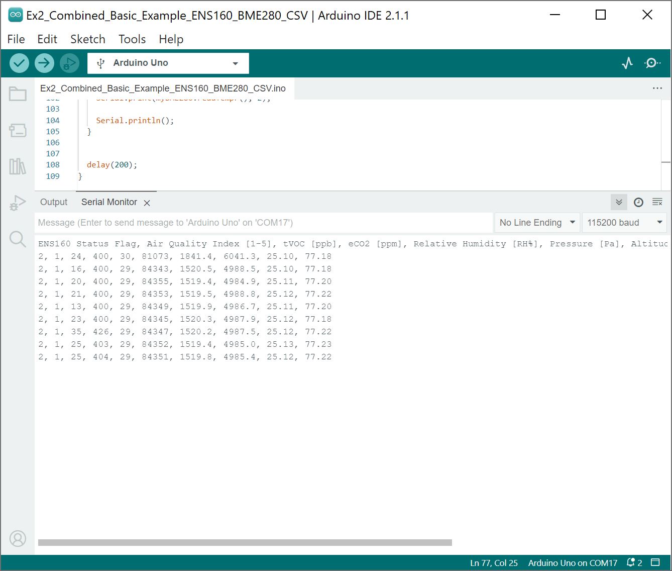 Combined Output Arduino ENS160 and BME280 in CSV