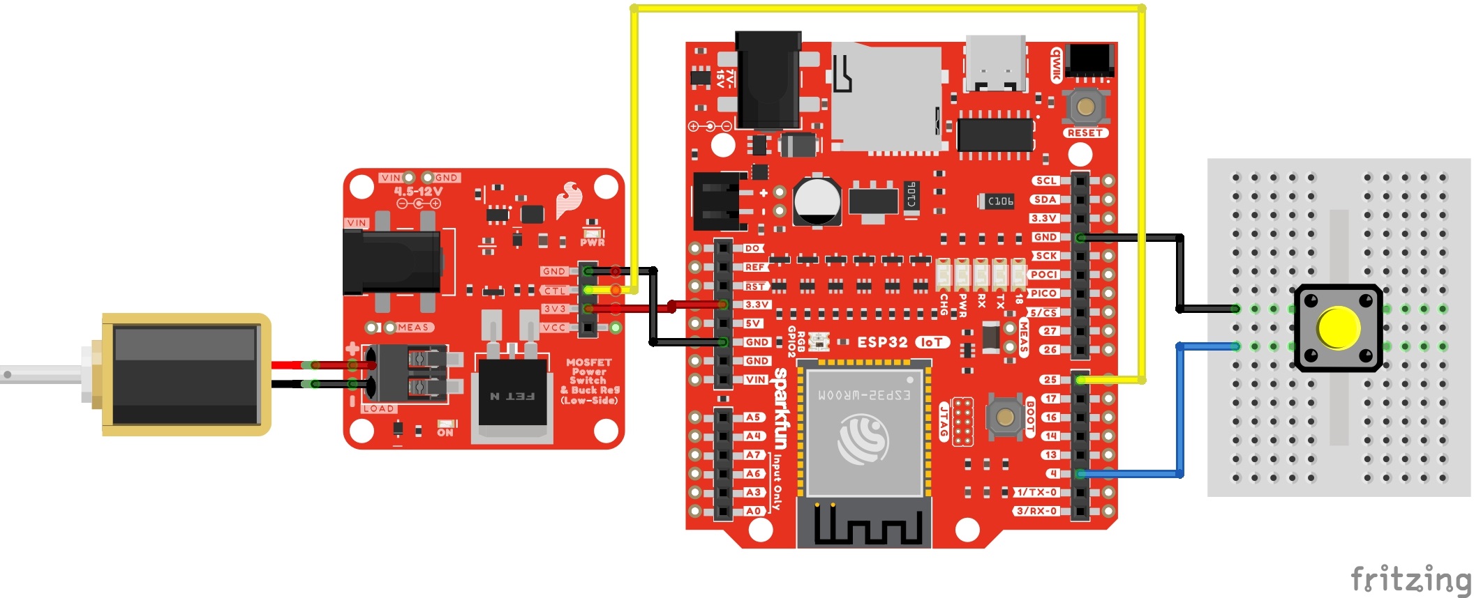 Solenoid, MOSFET Power Switch, Button, IoT RedBoard - ESP32 Connected