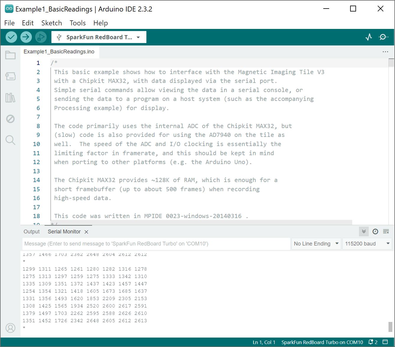 Arduino IDE with Output, Magnet Over (7,7)