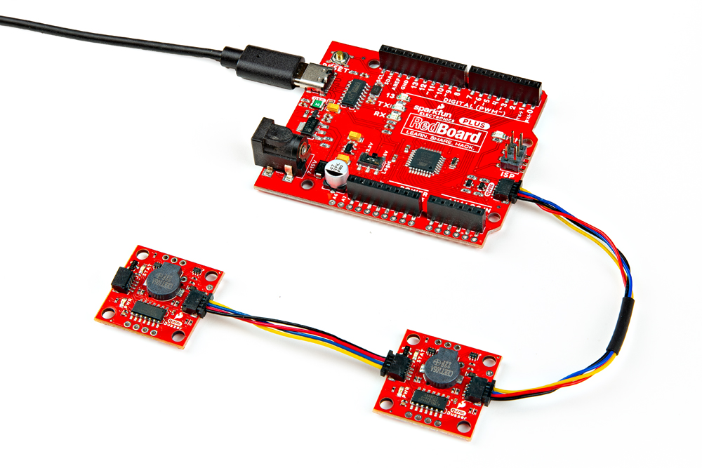 RedBoard ATmega328P Programmed with Arduino Connected Two Qwiic Buzzers