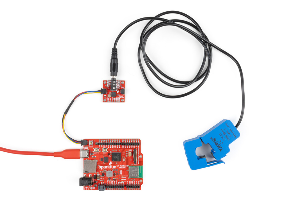 Photo of completed Non-Invasive Current Sensor assembly with RedBoard IoT and Split Core Current Transformer