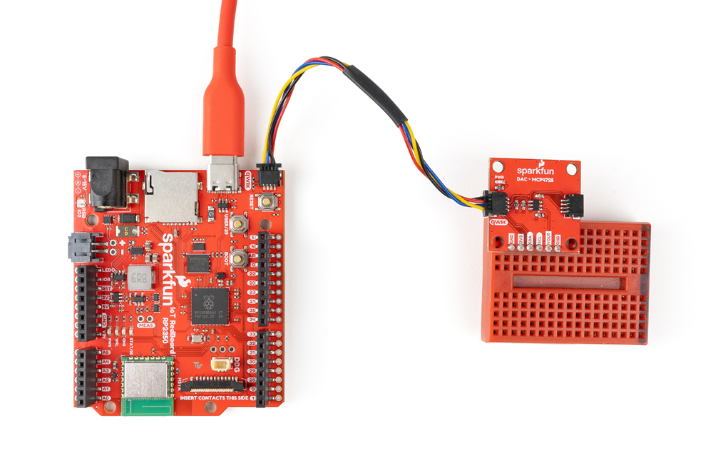 Qwiic DAC Breakout connected to RedBoard IoT - RP2350 over Qwiic