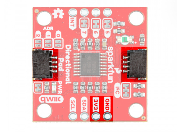 Power, Ground, and Qwiic Connector Highlighted - Bottom View