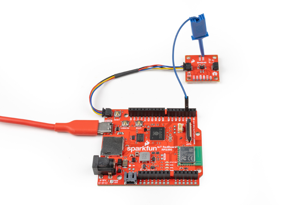 Photo showing INT1 connected to D29 on the RedBoard IoT