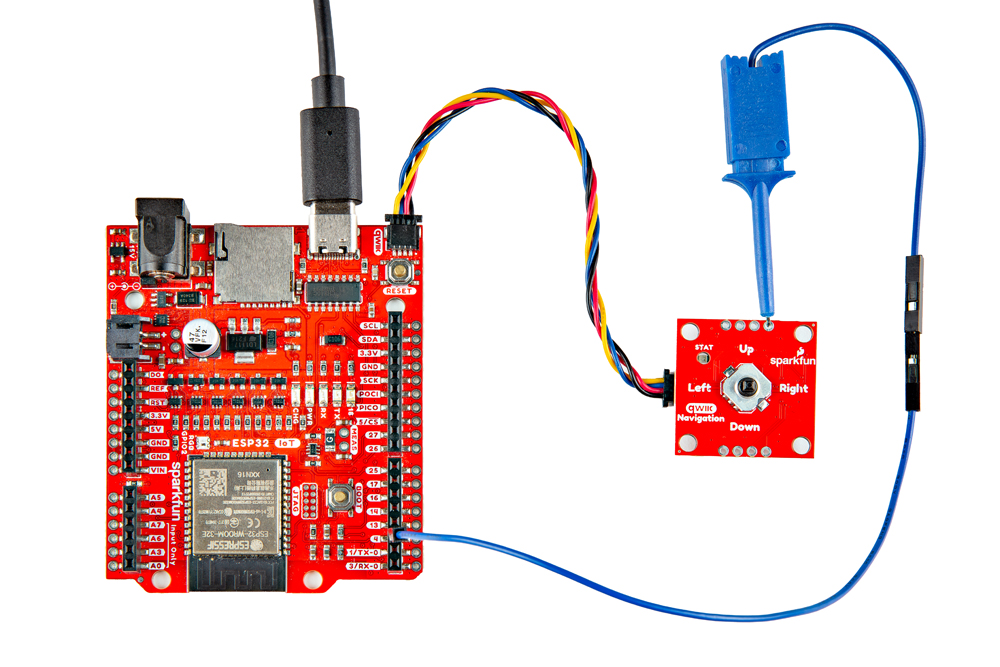IoT RedBoard - ESP32 and Qwiic Navigation Switch Connected via Qwiic and Interrupt Pin