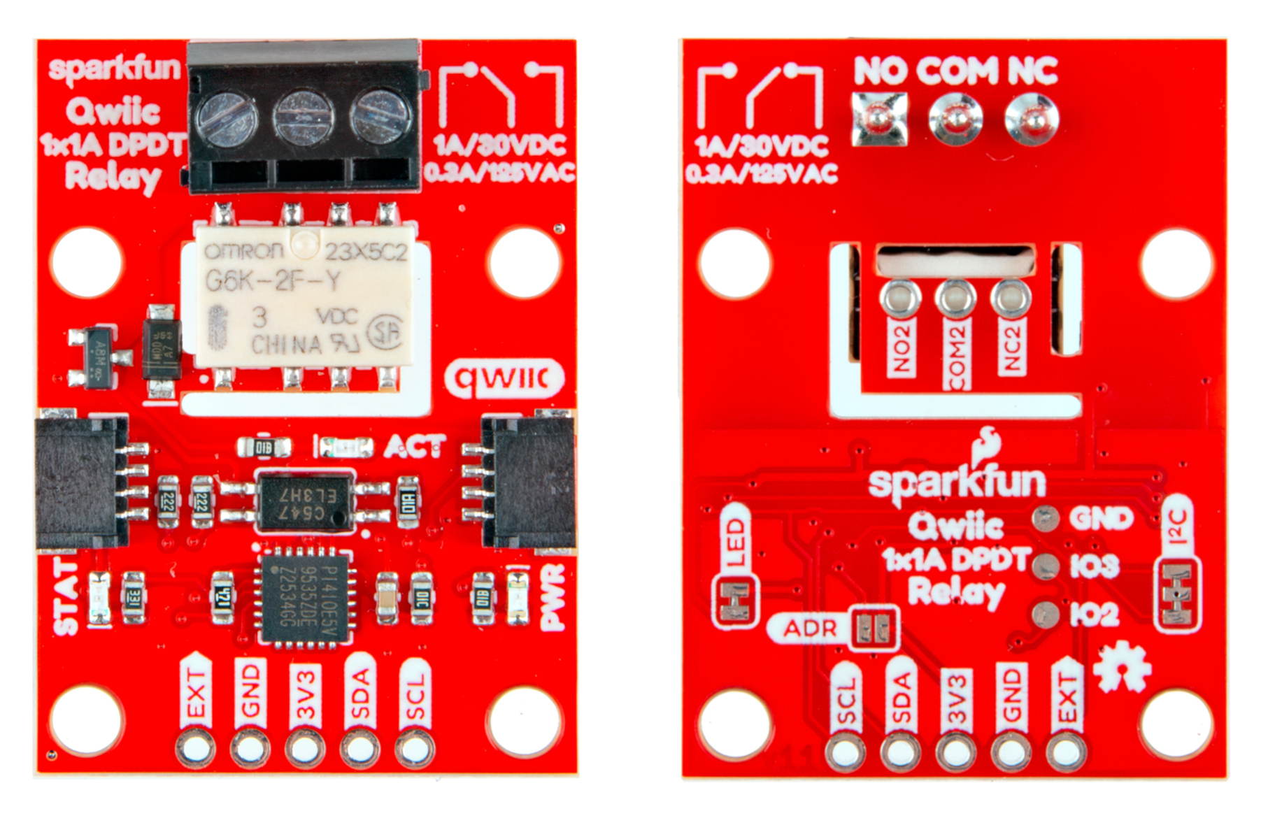 Front and Back images of the Qwiic Relay - 1X1A DPDT