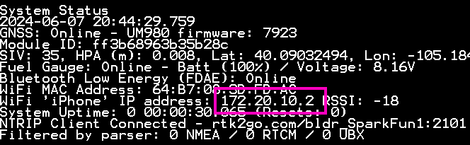 RTK device showing IP address