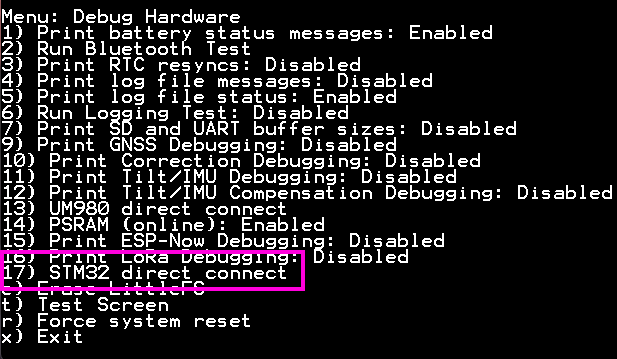 Debug menu showing the STM32 direct connect option