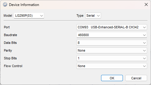 Select the COM port and baud rate