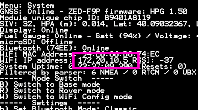 RTK device showing IP address