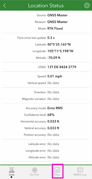 Location status showing RTK Fix