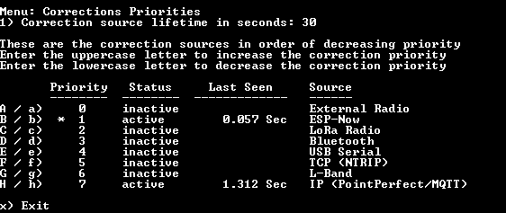 RTK Corrections Priorities Menu