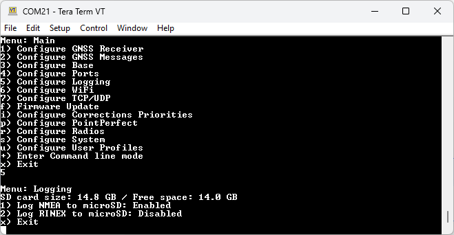 RTK Facet mosaic Data Logging Configuration Menu