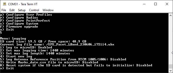 RTK Data Logging Configuration Menu