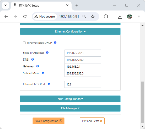 RTK EVK Web Config - Ethernet Configuration