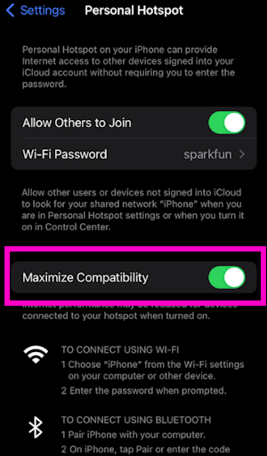 iOS Hotspot settings