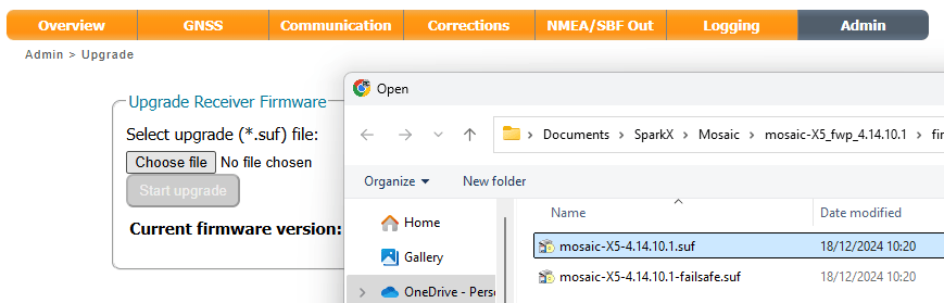 Selecting the .SUF firmware file