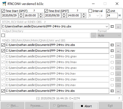 RTKLIB conversion of ubx to obs